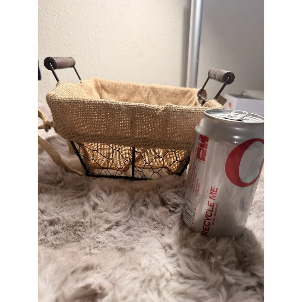 Rustic Wire Storage Baskets, Burlap Fabric Lined, Wood Handles, Set of 2
